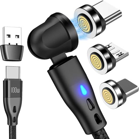 AXFEE Magnet Ladekabel 2M, 7Pin USB Magnet Kabel, 360°&180° 100W Schnellladung Magnetisches Ladekabel, 3 in 1 USB Magnetkabel, Nylon Ladekabel für Typ C/Micro USB/i-Product/Galaxy S22/S23/Pad