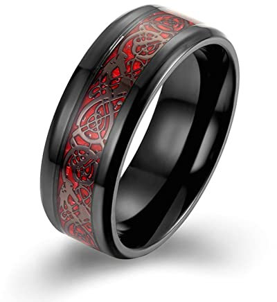 Lieson Herren Ring Verlobung Edelstahl, Poliert 8MM Drache mit Rot Kohlefaser Freundschaftsringe Eheringe Hochzeitsringe Partnerringe für Herren Schwarz Rot Größe 54 (17.2)