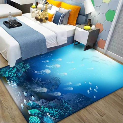 Unterwasser-Wohnzimmer-Bereich Teppich, Deep Accent Marine Delphin Bad Leben Cartoon Blau Tier Landschaft Bunte Ozean Indoor-Boden-Matte Für Kinder Dekor Seabed Coral Carpet (Colour 1,140x200cm)