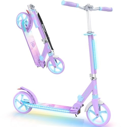 BELEEV V8 Big Wheel Scooter mit LED Leuchtenden Lenksäule &Deck, Höhenverstellbar, ABEC-9, 200mm Räder, Federung &Tragegurt, Faltbare Cityroller Kinder ab 6 Jahre, Jugendliche & Erwachsene, Tretroller