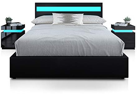 Bed Frame with Storage, 3FT Single Faux Leather Bed, Ottoman Gas Lift Storage Bed Frame, LED Single Size Bed for Bedroom Home, Black