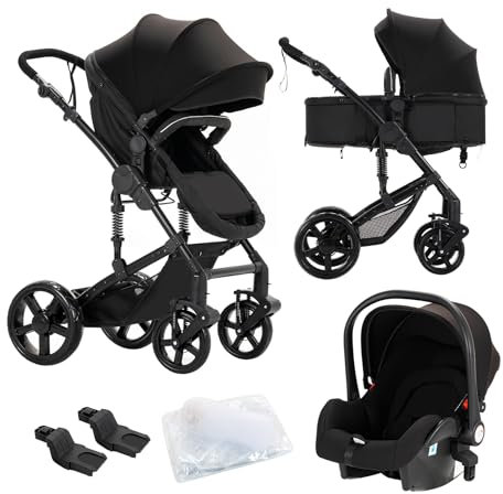 Nine point nine Kinderwagen 3 in 1, Kinderwagen Set mit Umkehrbarem Doppelschiebemodus, Kombikinderwagen 3 in 1 mit Großer Bequemer Babywanne, Rahmen Aluminiumlegierung (588 Black)