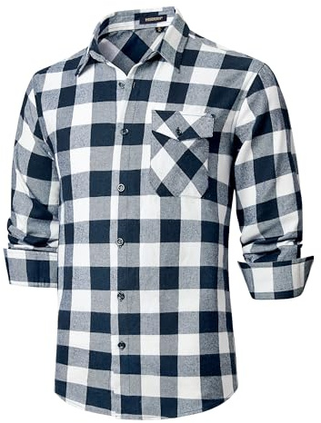 HISDERN Mens Flannel Shirt Long Sleeve Navy Blue Checked Shirts Casual Plaid Button Down Shirt Lumberjack Shirts XL