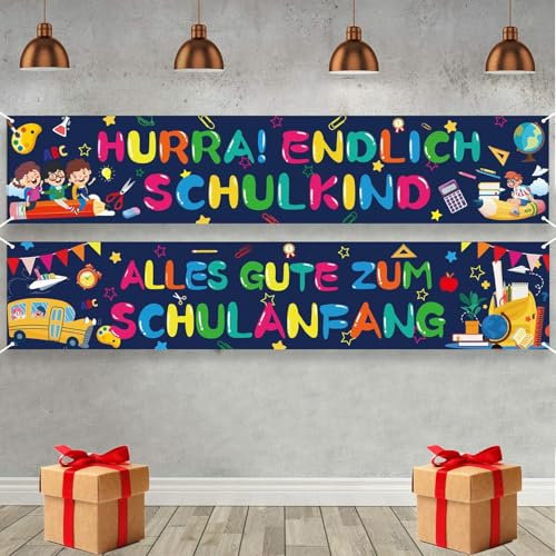 Alles Gute Zum Schulanfang Banner, 2 Stück Einschulung Banner Deko, Endlich Schulkind Girlande, Schuleinführung Extra Lange Hintergrund für Kinder Jungen Schulanfang Deko 150 x 30cm