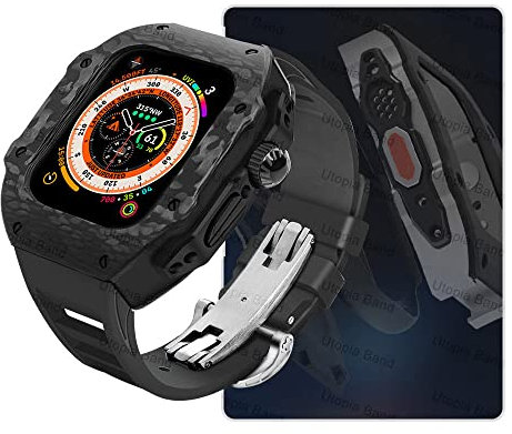 EKINS Uhrengehäuse aus Karbonfaser, für Apple Watch Ultra 8, 2, 49 mm, Luxus-Modifikationsset, für iWatch 9, 8, 7, 6, 5, 4, SE, 45 mm, 44 mm, Fluorkautschukband mit Werkzeug, 49 mm, Achat