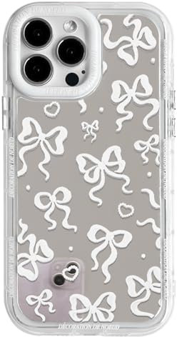 NITITOP Compatible with iPhone 13 Pro Case Cute Mirror Bow Love Heart Pattern for Women Girls Ribbon Design Shockproof Silver Protective Phone Cover - White Bow