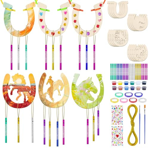 REJOECE 24 Pcs Wooden Horseshoe Wind Chimes, Wooden Horseshoe Kits，Horseshoe Decorative Wind Chime Craft Set, Garden Wind Chimes, Horseshoe Wood for Painting, DIY Crafts Decorating