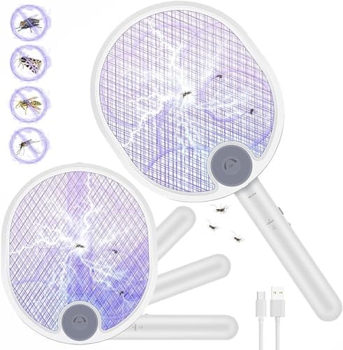WOCVRYY Raqueta Mosquitos Eléctrico Plegable 4000V 1800mAh USB 3 en 1 Recargable Mosquito Killer Trampa Mosquitos Portátil 3 Capas Malla de Seguridad Base Soporte de Pared Interior Exterior