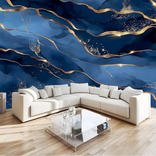 Bleu Papier Peint Panoramique 3D Texture d'or en marbre 350x256 cm Papier Peint Intissé Pour Salon Chambre Enfant Chambre Décoration Murale Moderne Poster Tableaux Photo Muraux