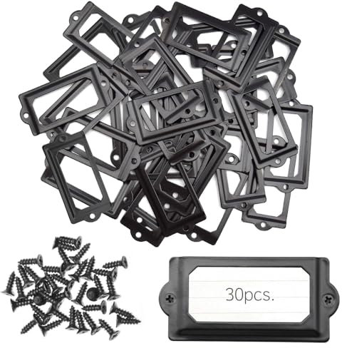 Ruidee 30 Stück Metall Etikettenrahmen Vintage 70x33mm Etiketten Kartenrahmenhalter Möbel Schublade Label Halter mit Schrauben Namensschild Etikettenrahmen für Büro Bibliothek (70x33mm/Black)