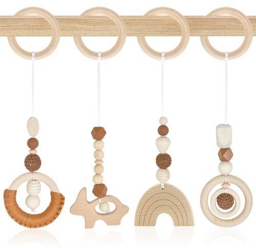 Spielbogen Baby Spielzeug ab 0 Monate, 4 Stück Spielbogen Baby Holz Anhänger, Hängende Spielzeug Baby für Babyschale Kinderwagen Autositz Spielzeug (Braun)