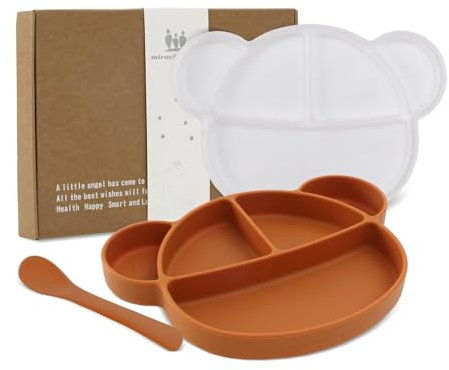Miracle Baby Silicone Suction Plate Toddler Self Feeding Plates Children's Plate with Lid and Spoon Kid Divided Weaning Plate Dinnerware Set with Gift Box, BPA Free & Dishwasher Safe - Red