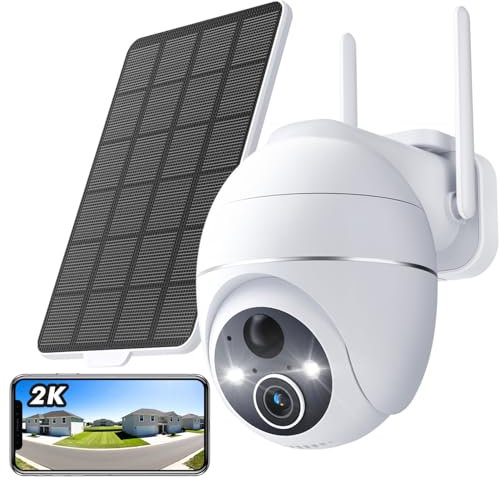YESKAMOU Telecamera Wi-Fi Esterno Senza Fili, 2K Telecamera WiFi Esterno Senza Fili Videocamera Sorveglianza, Pannello Solare a Batteria, 360° PT, Visione Notturna a Colori, Funziona con Alexa, 2,4GHz