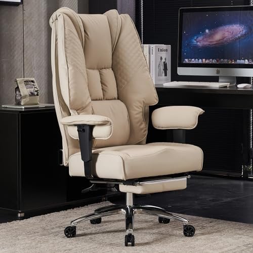 EXCEBET Bürostuhl Ergonomisch, Chefsessel mit Hoher Rückenlehne, Verstellbaren Armlehnen und Breitem Sitz, PU Leder Drehstuhl, Höhenverstellbar Schreibtischstuhl, Belastbar bis 200 kg (BEIGE)
