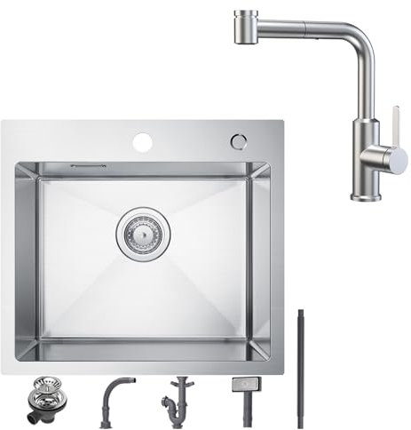 CECIPA 50x45CM Fregadero Cocina 1 Seno sobre Encimera en Inox con Grifo Fregadero Cocina Extraible