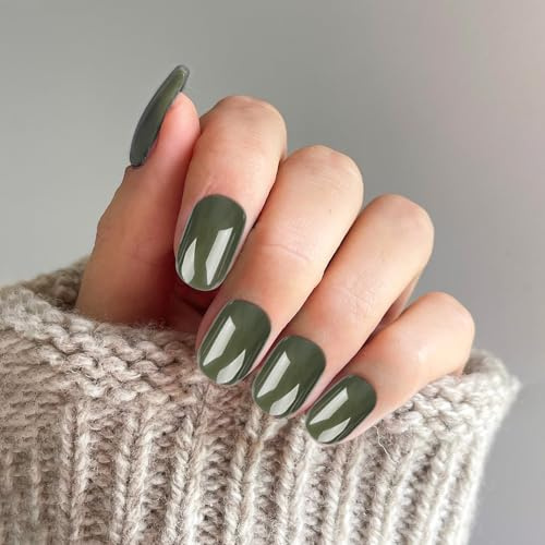 24 Pcs False Nails, Short Fake Nails with Glue, Press on Nails Removable Glue-on Nails Tips for Christmas Halloween Women Girls Nail Art Accessories (Grass Green)