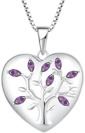 YL Tree of Life Locket Necklace 925 Sterling Silver cut Amethyst Heart Locket Pendant for Women