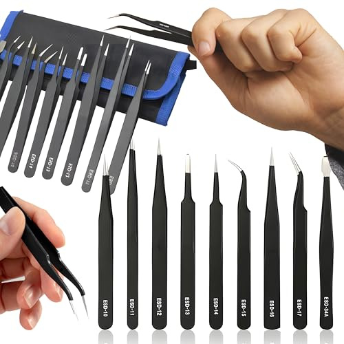 Retoo Lot de 9 pinces à épiler de précision avec protection en silicone - Outil en acier inoxydable de qualité supérieure - Étui pratique - Pince universelle pour la maison - Réparations électroniques