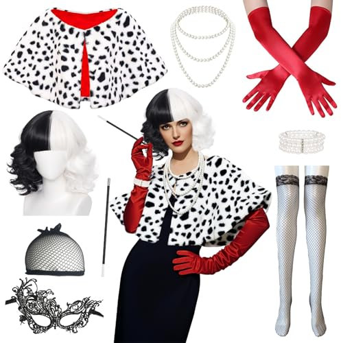 Cruella Kostüm Damen 9 PCS Schwarz Weiß Perücke Halloween Damen Cruella Deville Kostüm Zubehör Set, Weiß Schwarz gepunkteter Schal Perückenkappe Netzstrümpfe Spitze Maske für Karneval Mottoparty