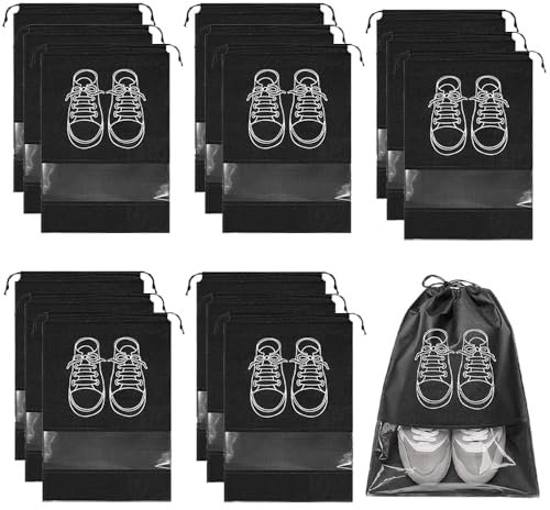 15 Pcs Travel Shoe Bag, Drawstring Non-Woven Shoes Storage Bags, Non-Woven Dust Proof Pouch with Transparent Window, Portable Waterproof Packing Organizers for Daily and Travel Use 44 x 32 cm Black
