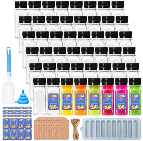Flrolove 2oz 48 Pack Juice Bottles, Plastic Containers with Lids, Clear Drink Bottles with Caps for Juicing,Smoothie,Milk,Drinking Water,Ginger Turmeric Tea and Other Beverage