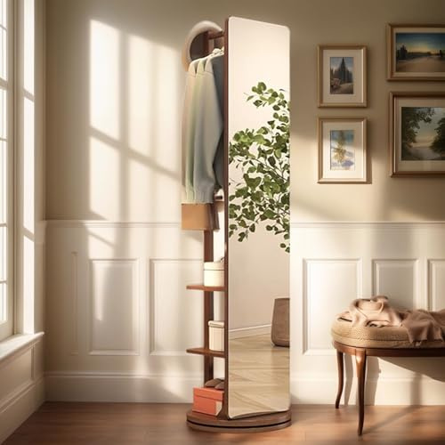 Girevole Full Body specchio appendiabiti ganci, Specchio a figura intera in legno massello rotante a 360° , 2-in-1 in piedi specchi con appendiabiti, per soggiorno Camera da letto Guardaroba