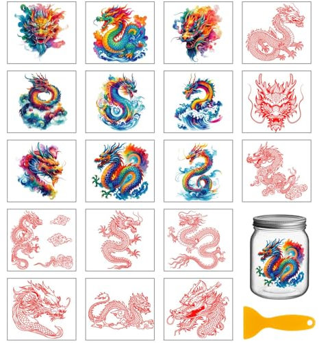 GLOBLELAND 18 Blatt Chinesischer Drache Rub On Sticker Orientalischer Drache 3.9x3.6 Zoll Transferaufkleber Tier Rub On Folie Aufkleber Aesthetic Für Möbel Glas Holz Fotoalbum DIY Aufkleberästhetik