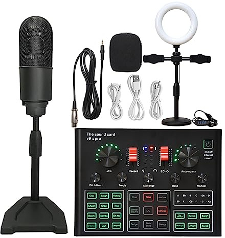 Kit completo per podcast, Pacchetto microfono professionale a condensatore da studio Kit microfono WXH1000 con scheda audio live Wireless Karaoke(Black K20 LED)
