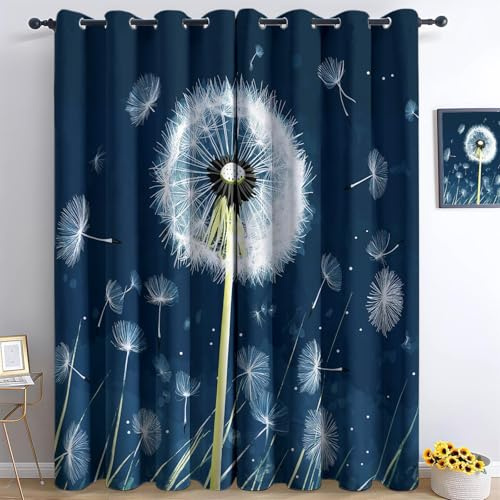Srigzcaly Naturlandschaft Pusteblumen Wind Ösenvorhänge Dunkelblau, 2er Set Verdunkelungsvorhang H245 x B140 cm, Thermoisoliert & Geräuschreduzierend, Polyester Gardinen für Wohnzimmer Kinderzimmer