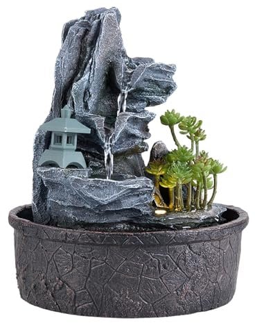 BTGGG Indoor Water Fountain with LED Light, Cascading Rockery Indoor Water Feature, Table Top Zen Waterfall for Meditation Relaxation Home Decoration, 3 Pin UK Plug Included
