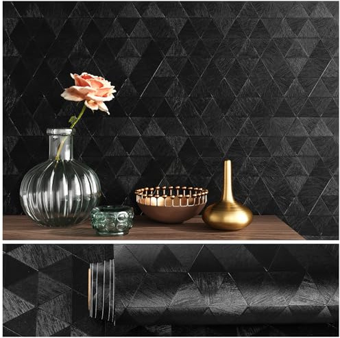 VEELIKE Klebefolie Schwarz Matt Strukturtapete Selbstklebende Tapete Schwarz Tapete Geometrische Muster Dreieck 40 cm x 300 cm Fototapete Schlafzimmer Wohnzimmer Mustertapete Badezimmer Wasserfest