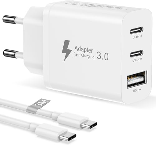 Cargador 30W con Cable Tipo C 3 Metros para iPhone 17Air 16E 16 15 Pro Max 16 15 Plus iPad Mini, 3 Port Cargador USBC Multicargador USB C Charger Enchufe USB Carga Rapida Carregador USB Enchufe Tipo C