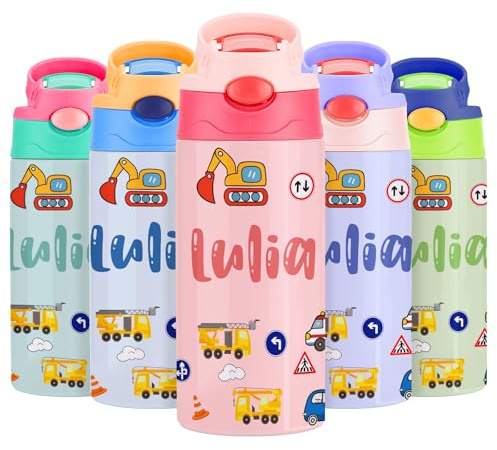 Gourde Isotherme Personnalisable pour Enfant, Bouteille d'eau Personnalisée Prenom Sans BPA Tritan, Gourde Isotherme Enfant avec Paille pour L’école, Sport, Primaire et Maternelle - Multicolore 350ml