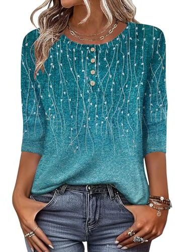 Zeagoo Women 3/4 Sleeve Tops Henley Crew Neck Blouses Casual Summer Tunic | Elegant Tops, Summer Autumn T Shirts, Dressy Outfits for Women, Going Out Top, Comfy Soft, Variety of Floral, S-3XL