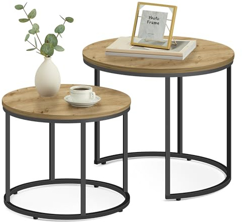 FORTENA 2er Set Couchtische, Schwarze oder goldene Metallbeine, Industrial-Stil, Raund (Artisan – Schwarze Tischbeine)