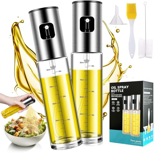PUWOWYE 2 Piezas Pulverizador Aceite Spray, 100 ML Spray Aceite Cocina Antigoteo de Vidrio con Embudo, Aceitera Spray Pulverizador Libre BPA para Cocina, Freidora de Aire, Ensalada, Barbacoa