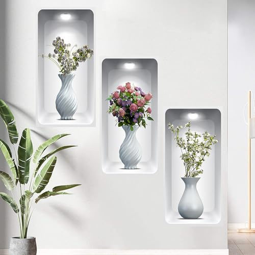 Wall Stickers Living Room, 3D Wall Art for Hallway and Stairs, Peel and Stick Wall Decals Mural Hallway Decor Bedroom Kitchen Wallpaper Backdrop Self-Adhesive Removable, White Vase and Flowers