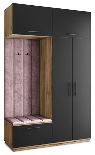 Masseno Flugarderoben Set Rema, Kleiderschrank-Set mit Sitzbank, Garderobenschrank Flur mit 5 Regalböden, Eiche Wotan/Schwarz