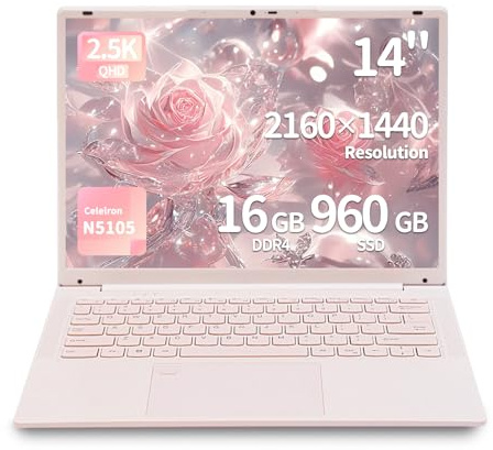 LONGEVINCE 14 Inch Laptop, 16GB DDR4 RAM 960GB SSD, Celeron N5105, IPS 2160×1440 Display, Backlit Keyboard, Fingerprint Unlock, USB-C, HDMI, 1.4KG Lightweight Student Business Laptop (Pink)