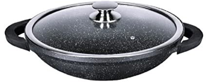 Kamberg 0008047 – Wok 36 cm – Aluminiumguss – Beschichtung in Steinoptik – Mit Glasdeckel – Für alle Herdarten, auch Induktion – PFOA‑frei, Aluminium, Schwarz, 36 cm