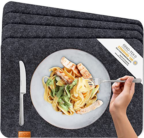 Miqio® - Design Tischset aus Filz | Marken Label aus echtem Leder | 4er Set Platzset (dunkel grau anthrazit) abwaschbar | Filzmatte Tisch Untersetzer Platzdeckchen abwischbar