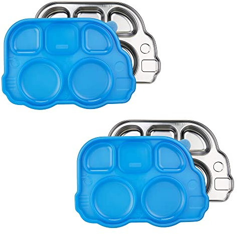 Innobaby Lot de 2 assiettes bus en acier inoxydable avec couvercle sectionnel, l'original, résistant aux fuites, plaque de forme amusante pour bébés, tout-petits et enfants, sans BPA, bleu