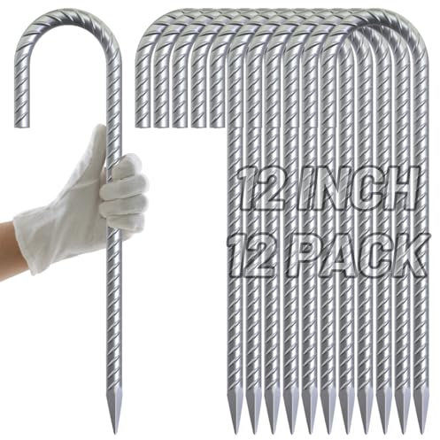 AAGUT Rebar Stakes 12 inch Galvanized Metal Tent Stakes 3/8 Heavy Duty Ground Anchor Stake for Large Canopy and Fence, J Hook Stakes Easy to Push into Hard Soil,12 Pack
