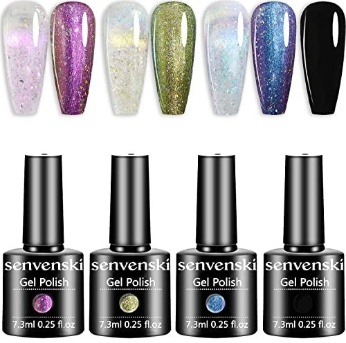 Senvenski Aurora Pearl Mermaid Gel Nail Polish Kit - UV/LED Soak Off Nail Art Set with Purple Blue Holographic Opal Shell Shiny Glitter Colours | Manicure Gift Kit for Women Salon Home Use (CS019)