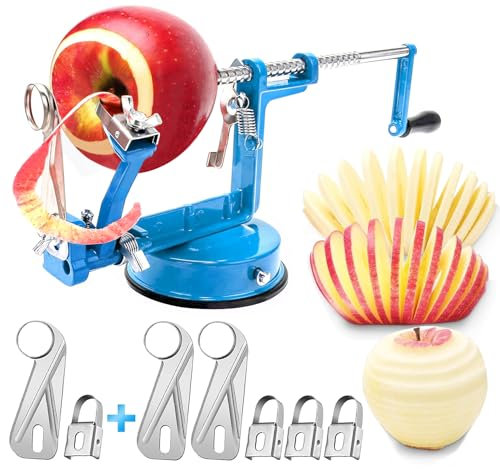 Apple Peeler Corer, Long lasting Chrome Cast Iron Apple Peeler Slicer Corer with Stainless Steel Blades and Powerful Suction Base for Apples and Potato(Blue)
