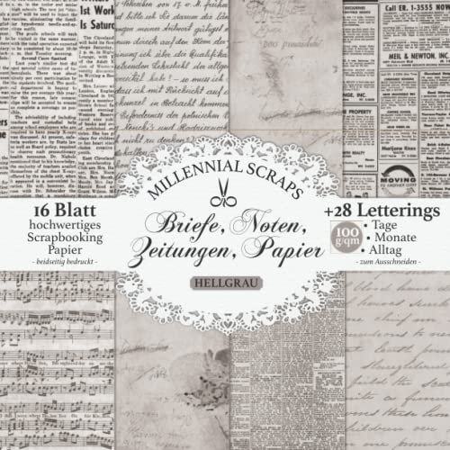 Briefe, Noten, Zeitungen, Papier HELLGRAU: Scrapbooking Decoupage Papier & Junk Journal Zubehör I Zum Ausschneiden I Mit Letterings I Karten Basteln DIY Geschenk I Tagebuch Deko Grau