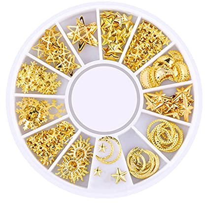 1 Box Mixed Gold Nail Charms Set Gold Nail Studs Gems Sparkling Rhinestones Metal Rivets Charms Hollow Moon Star Hearts Shaped Artificial Pearls DIY 3D Nail Art Decoration Rhinestones And Charms 4#