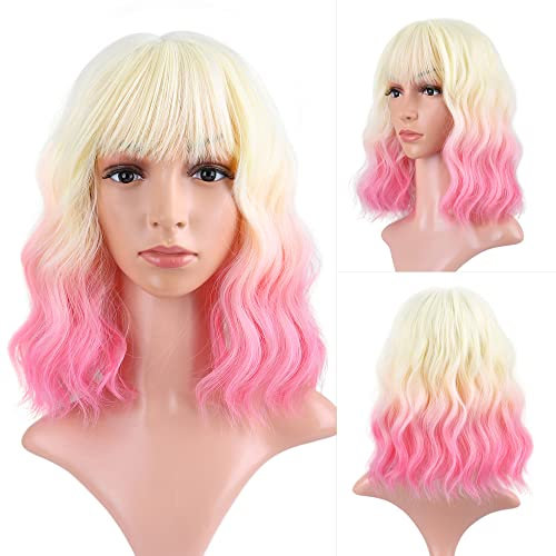 FAELBATY Short White Gold Ombre Pink Wig with Bangs Wave Bob Synthetic Cosplay Wig for Women Halloween Costume Wigs (12 613/Pink)