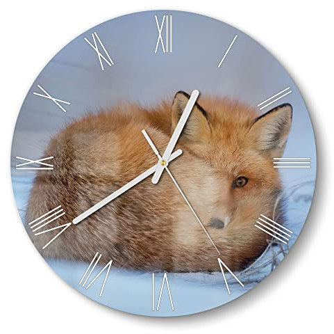 DEQORI Glasuhr | rund Ø 30 cm | Motiv Schüchtener Fuchs | ausgefallene leise Design Uhr aus Glas | Wanduhr für Wohnzimmer & Küche | Moderne Hingucker Uhr für die Wand