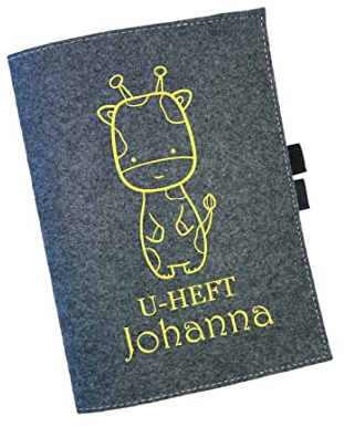 AWASG U-Heft Hülle Filz mit Namen | Personalisierte Schutzhülle Mutterpass Impfpass | Motiv Tiere Jungen Mädchen | Geschenk-Idee Schwangere Mütter Geburt Taufe Giraffe